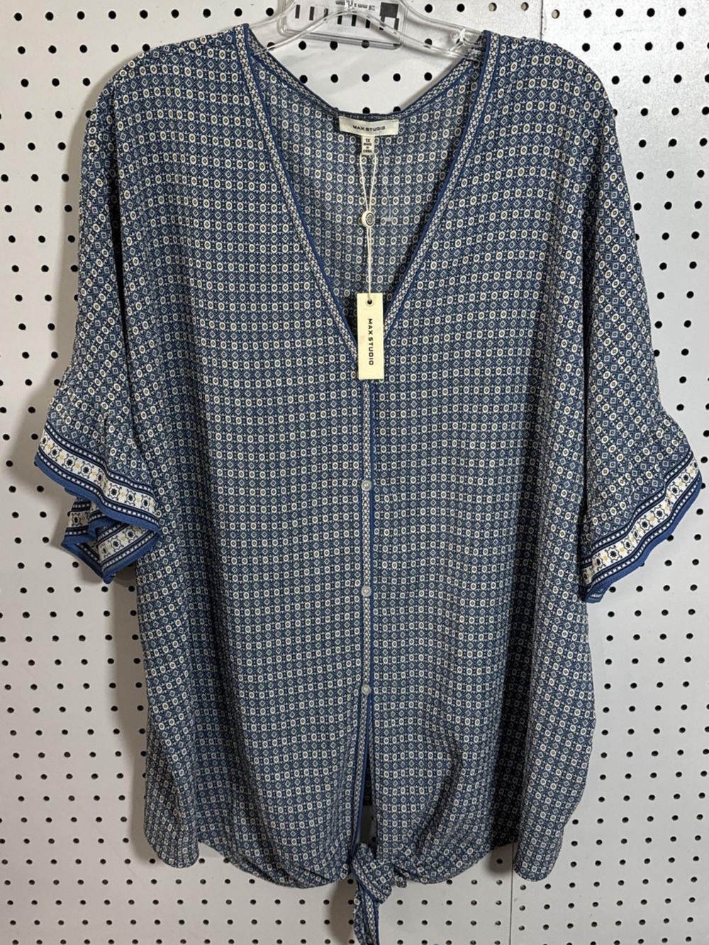Blue Patterned Tie-Hem V-Neck Top by Max Studio